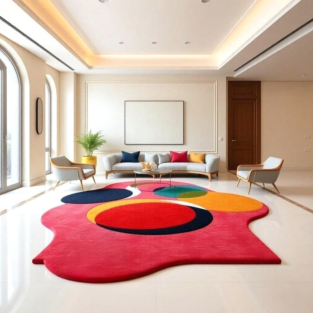 Handcrafted Red Circle Abstract Living Room Rug
